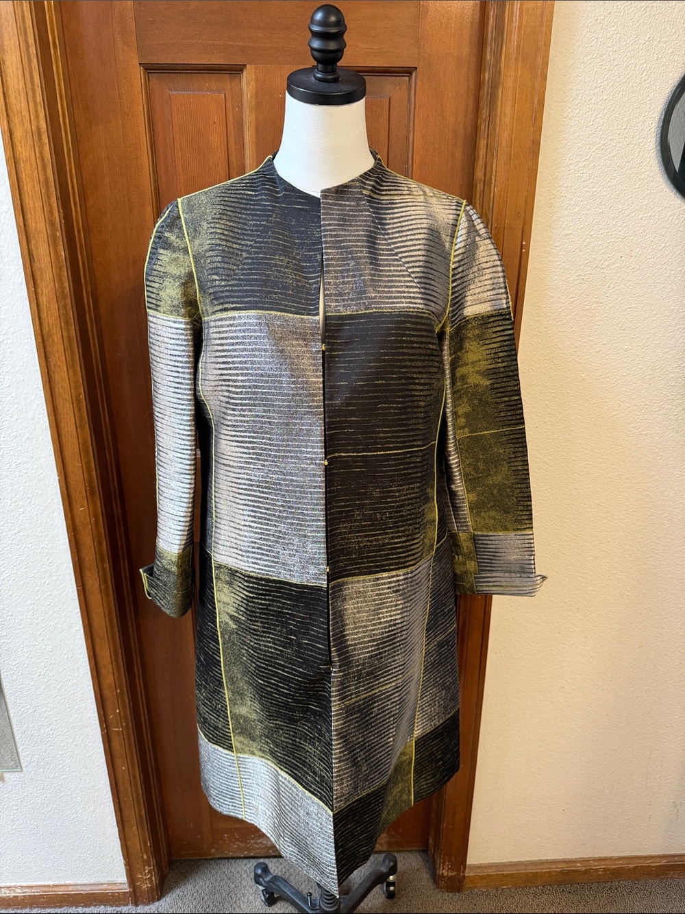 Lafayette 148 New York Black, Gray & Olive Patchwork Coat Size M